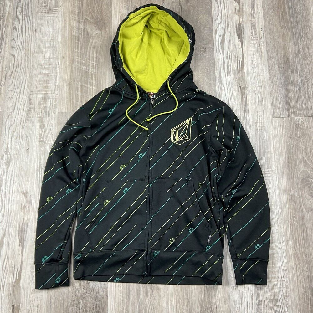 Y2K Black Green Volcom Zip Up Hoodie Size Small Multicolor Logo Grunge Skater